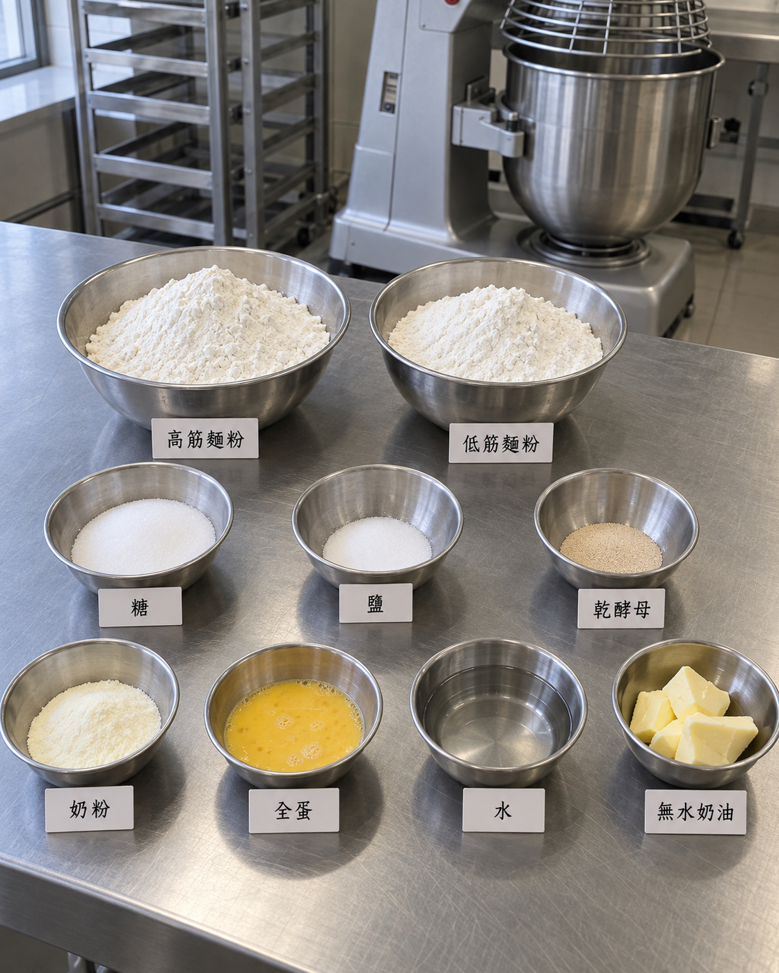 第一視角:工作台上九項材料分盆擺放