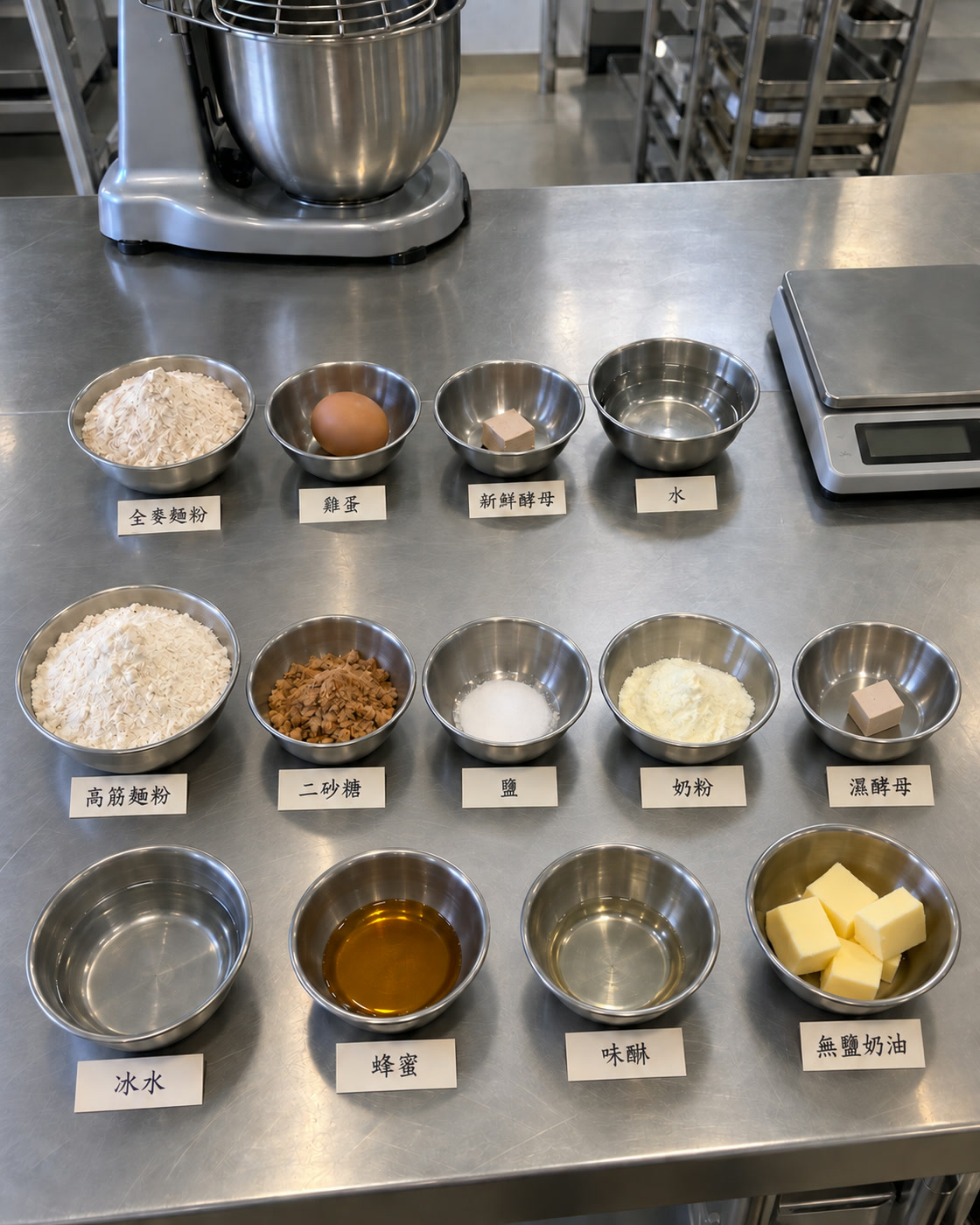 AI 示意圖：分盆秤好的全麥吐司材料